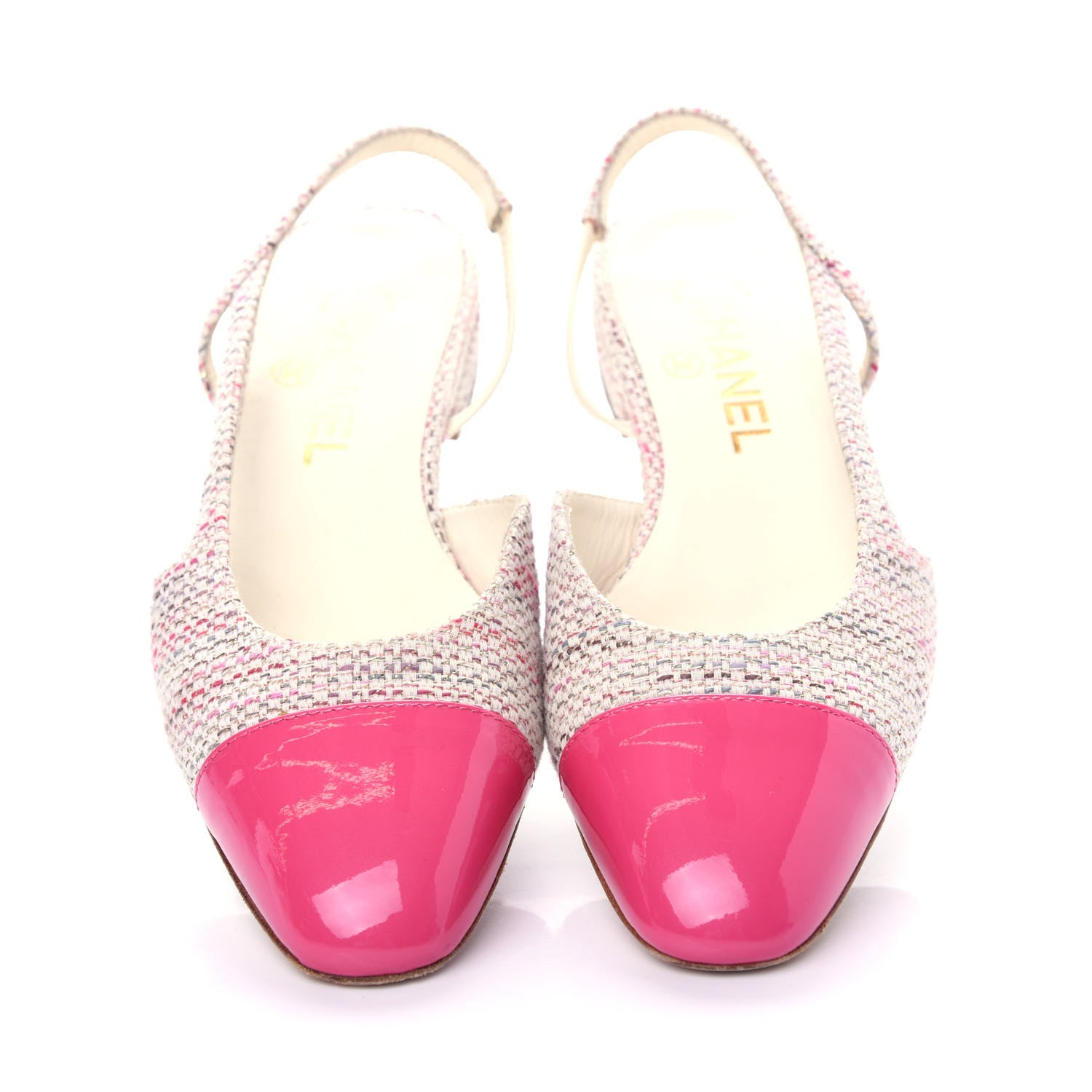 Chanel Tweed Patent Cap Toe CC Slingback Flat 36.5 Pink White 5 of 10