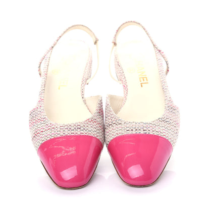 Chanel Tweed Patent Cap Toe CC Slingback Flat 36.5 Pink White 5 of 10