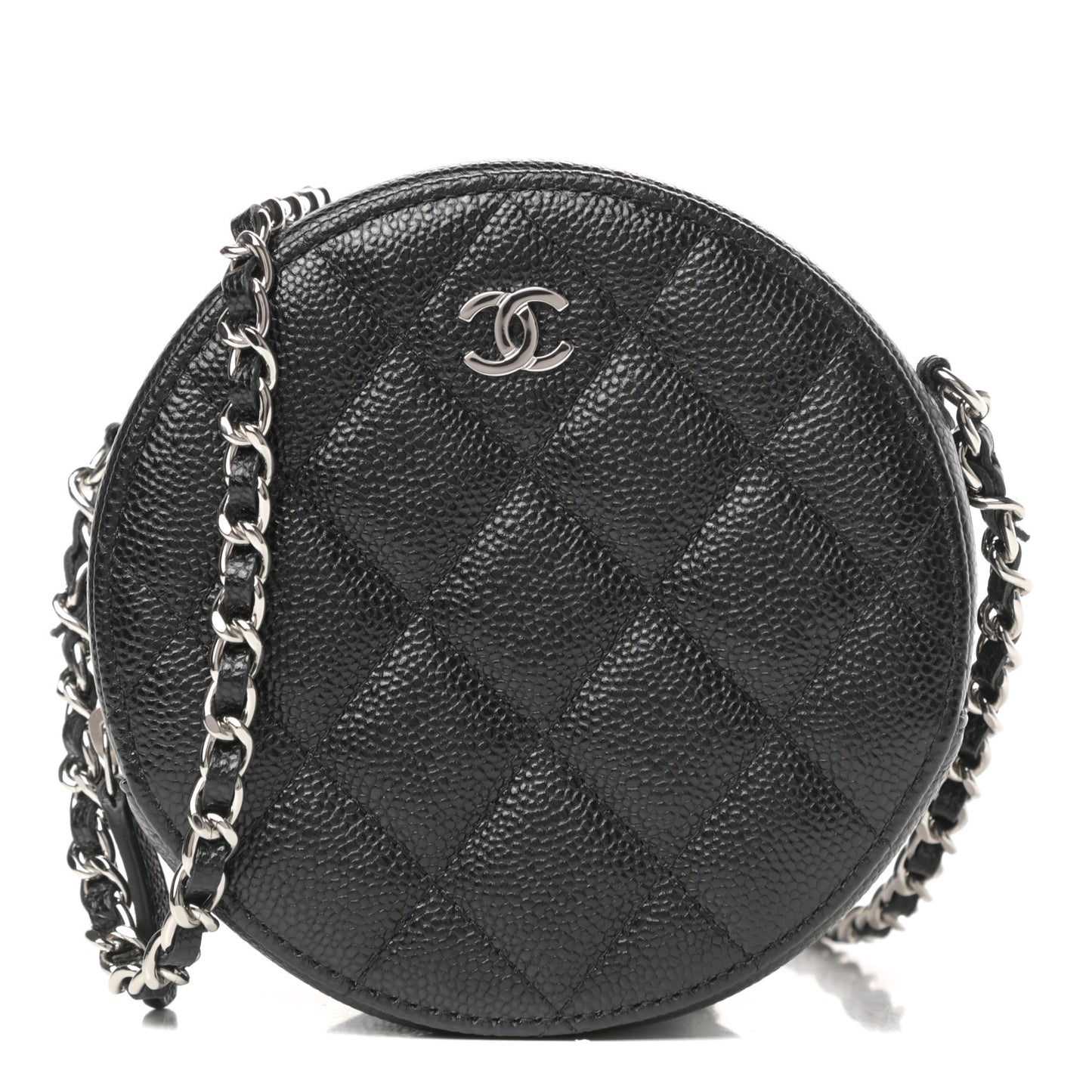Caviar Quilted Round Clutch With Chain Black