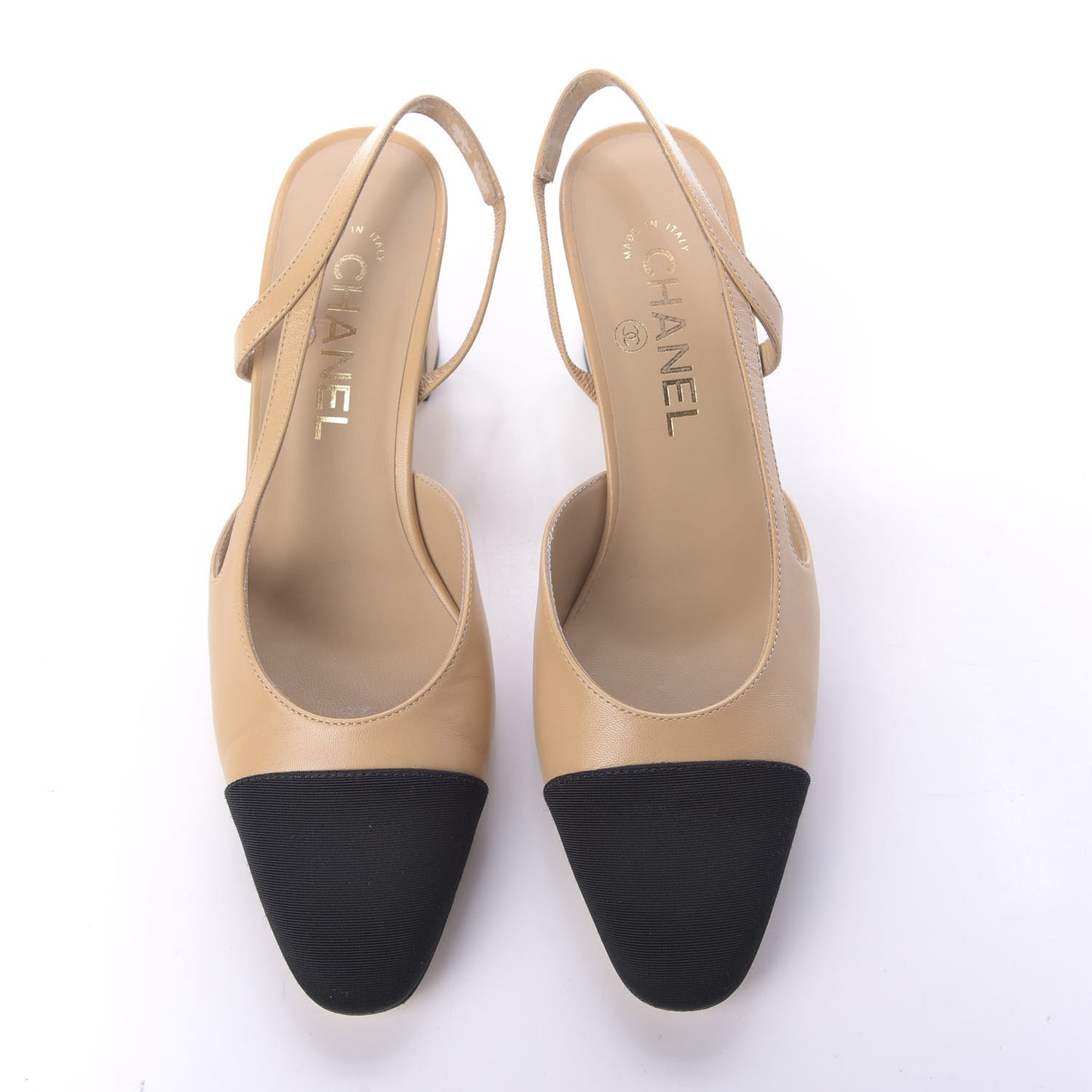 Goatskin Grosgrain Cap Toe CC Slingback Sandals 38 Beige Black