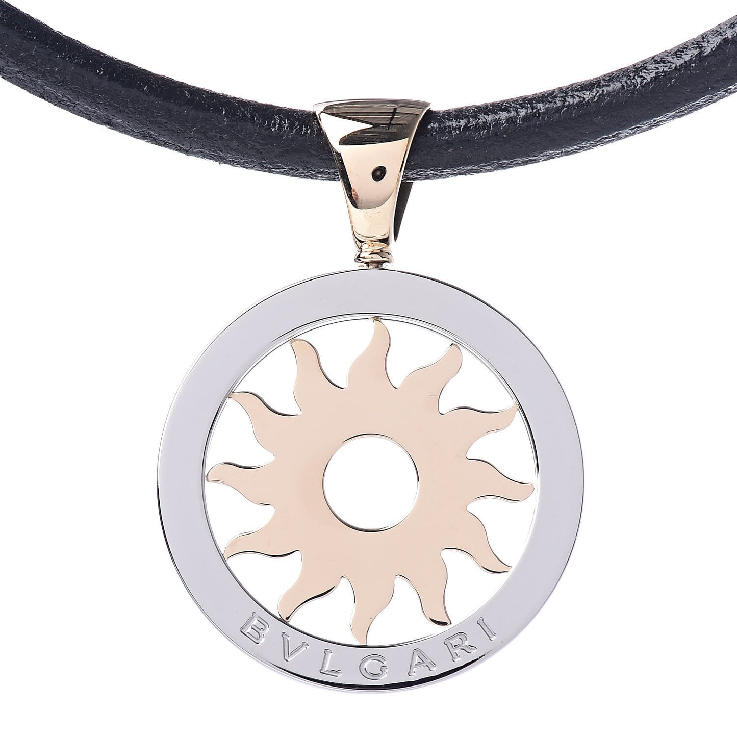 18K Yellow Gold Stainless Steel Calfskin Tondo Sun Pendant Necklace Black