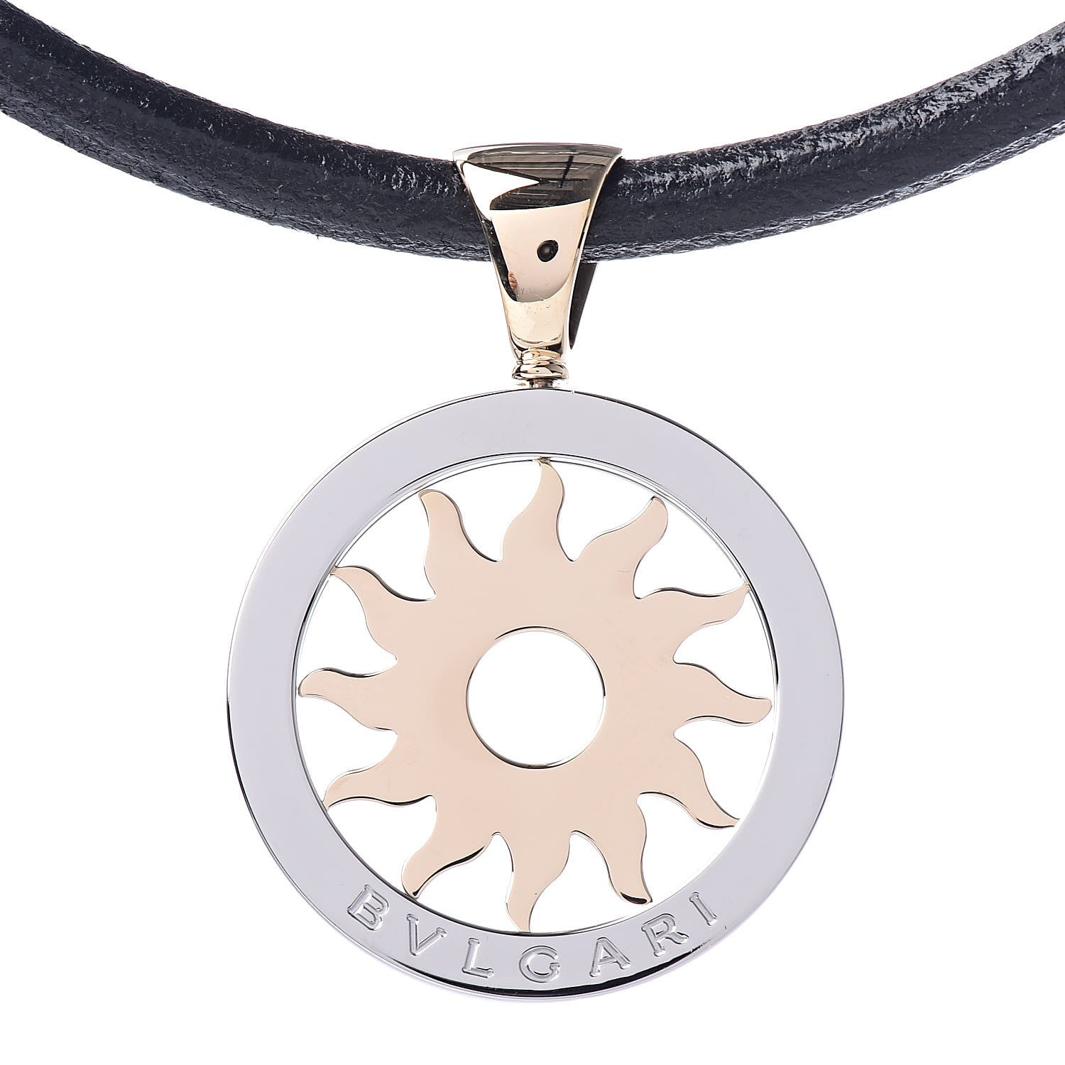Bulgari 18K Yellow Gold Stainless Steel Calfskin Tondo Sun Pendant Necklace Black 4 of 6