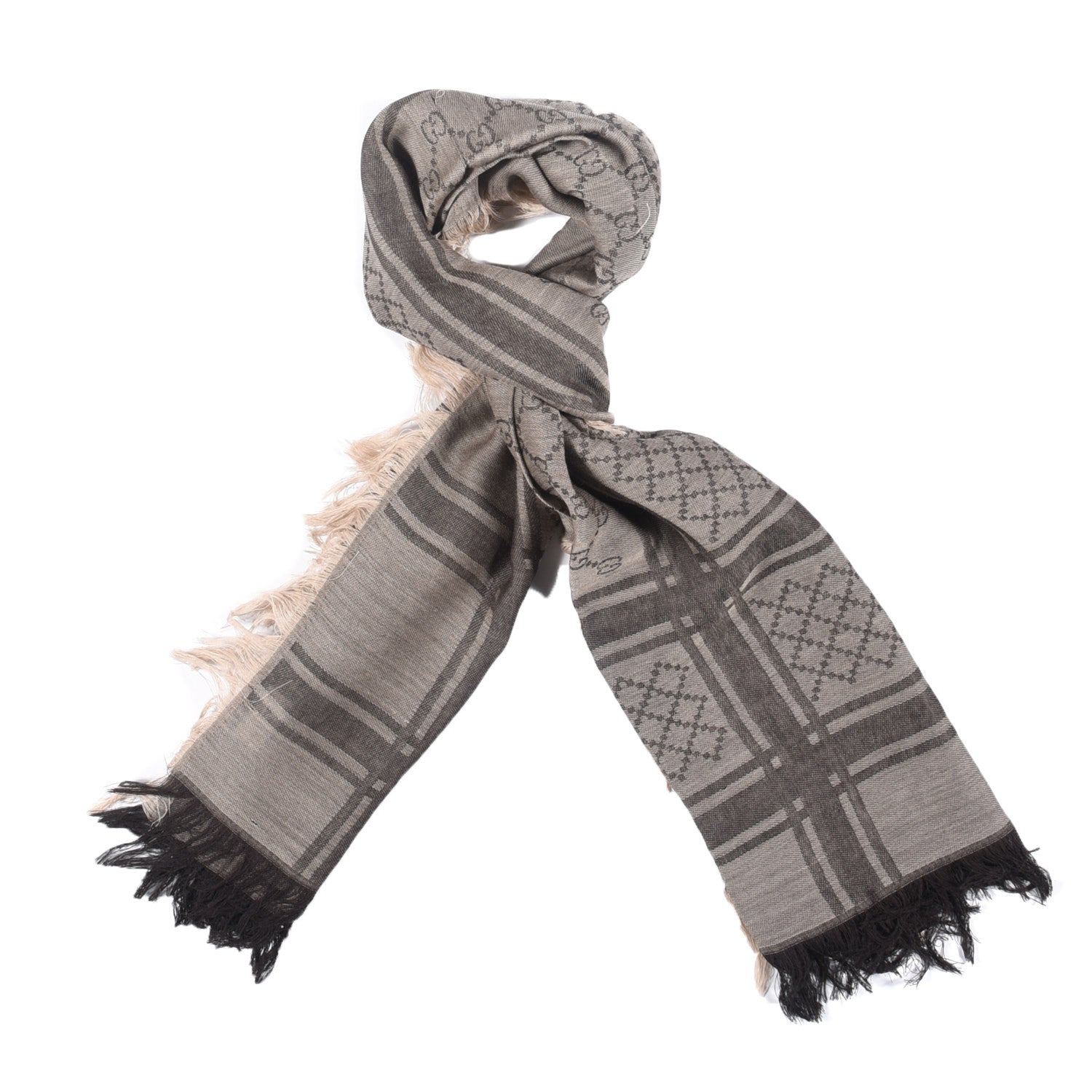 Gucci Wool Silk GG Monogram Diamante Plaid Surviee Shawl Beige Dark Brown 1 of 3