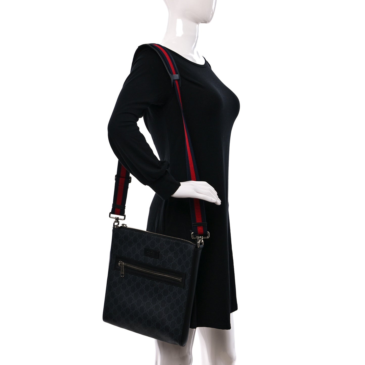 GG Supreme Monogram Appia Calfskin Web Flat Messenger Bag Black Grey