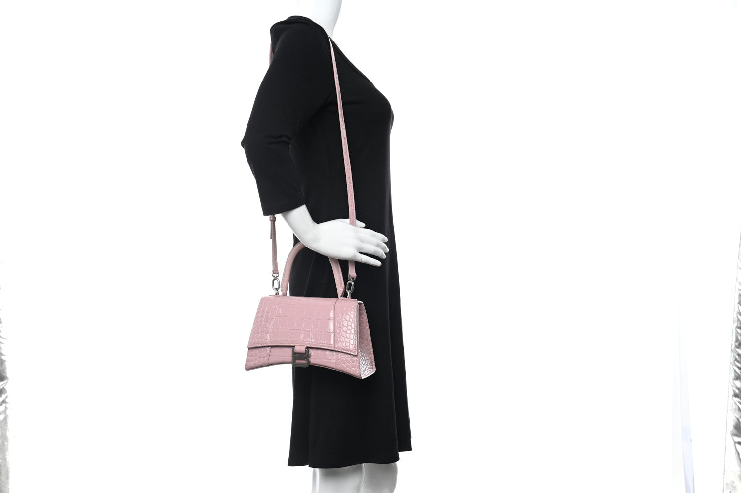 Balenciaga Shiny Calfskin Crocodile Embossed Small Hourglass Top Handle Bag Powder Pink 3 of 13