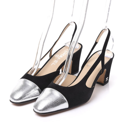 Chanel Kid Suede Metallic Lambskin Cap Toe CC Slingback Pumps 37 Black Silver Gold 2 of 9