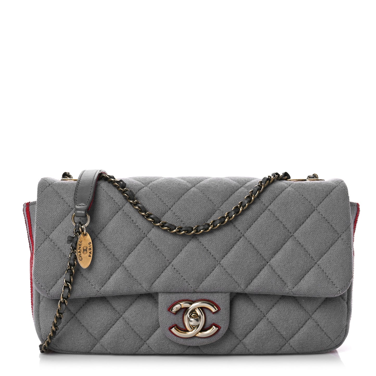Wool Felt Grosgrain Quilted Medium CC Eyelet Flap Grey