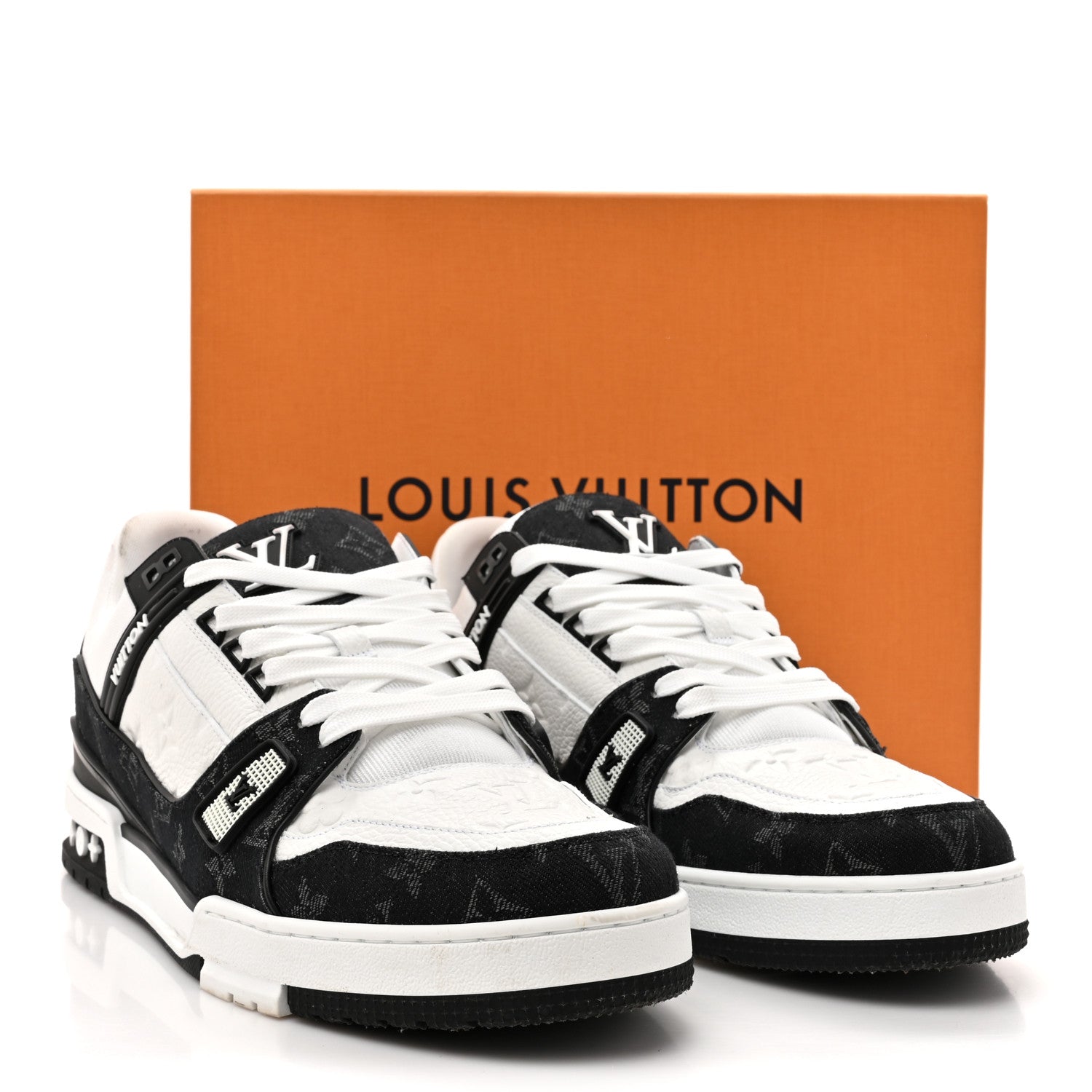 Louis Vuitton Calfskin Embossed Monogram Denim Mens LV Trainer Sneakers 12 Black 17 of 17