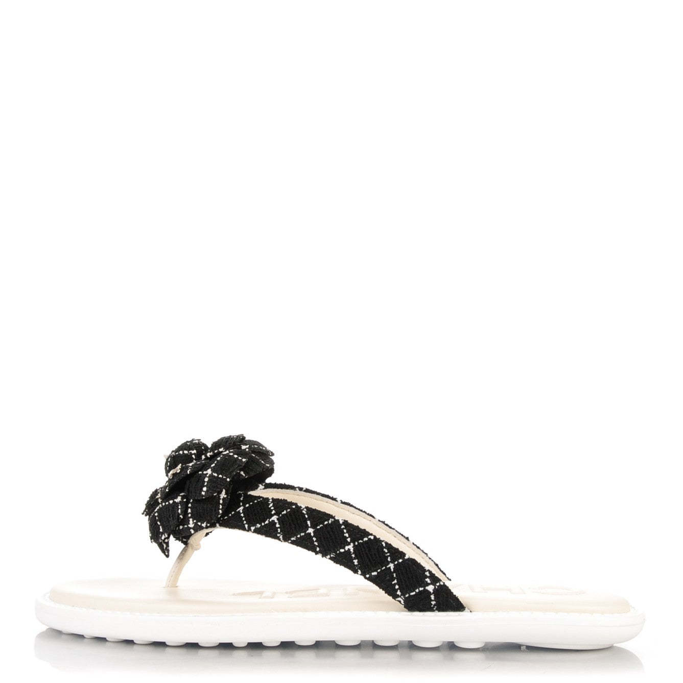 Tweed Quilted Camellia Thong Sandals 36 Black White