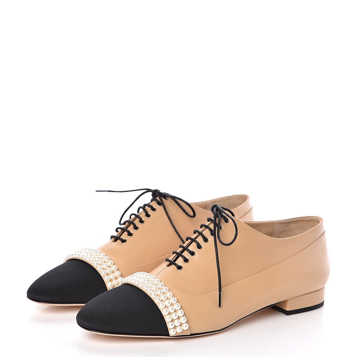 Chanel Goatskin Grosgrain Pearl Cap Toe Lace Up Oxfords 39 Beige Black 3 of 9