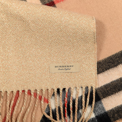 Burberry Metallic Cashmere Reversible Check Fringe Scarf Camel Gold 3 of 3
