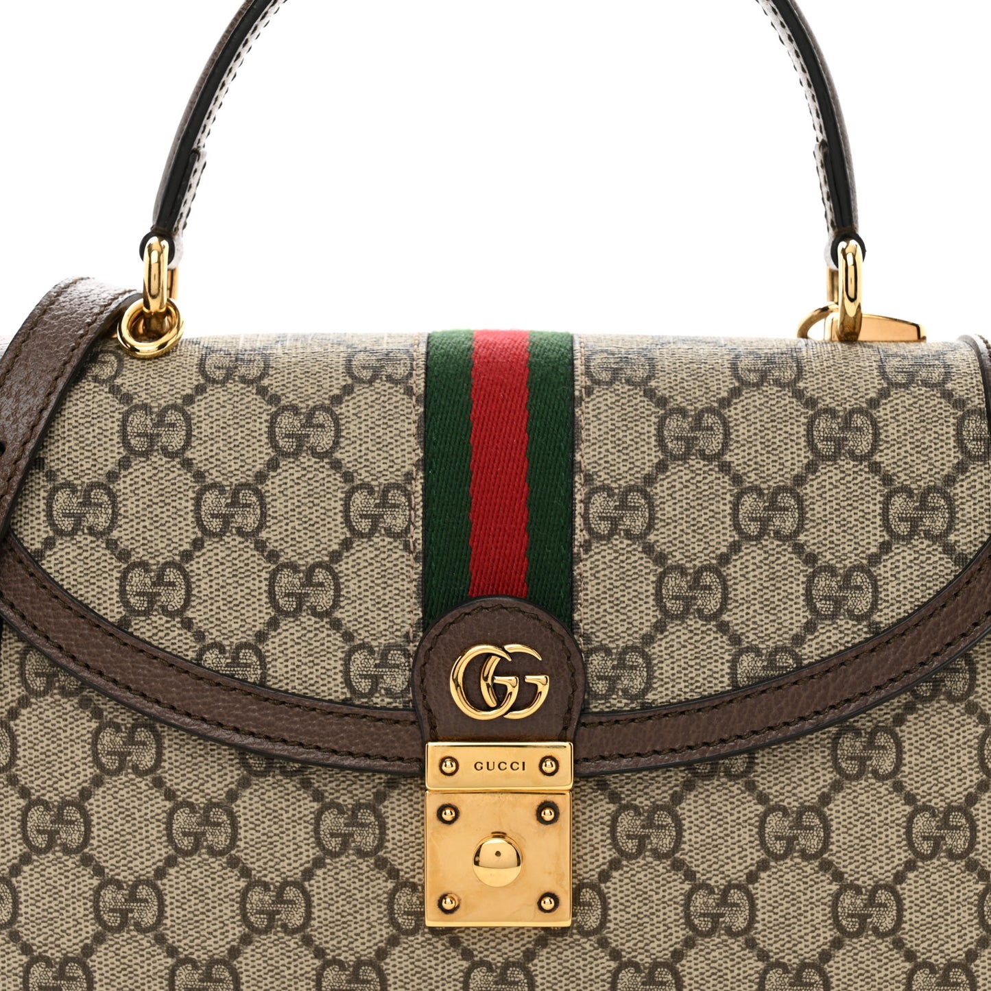 GG Supreme Monogram Textured Dollar Calfskin Web Small Ophidia Padlock Top Handle Bag Beige Ebony New Acero