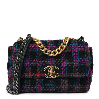 Chanel Tweed Quilted Medium Chanel 19 Flap Black Blue Purple 1 of 9