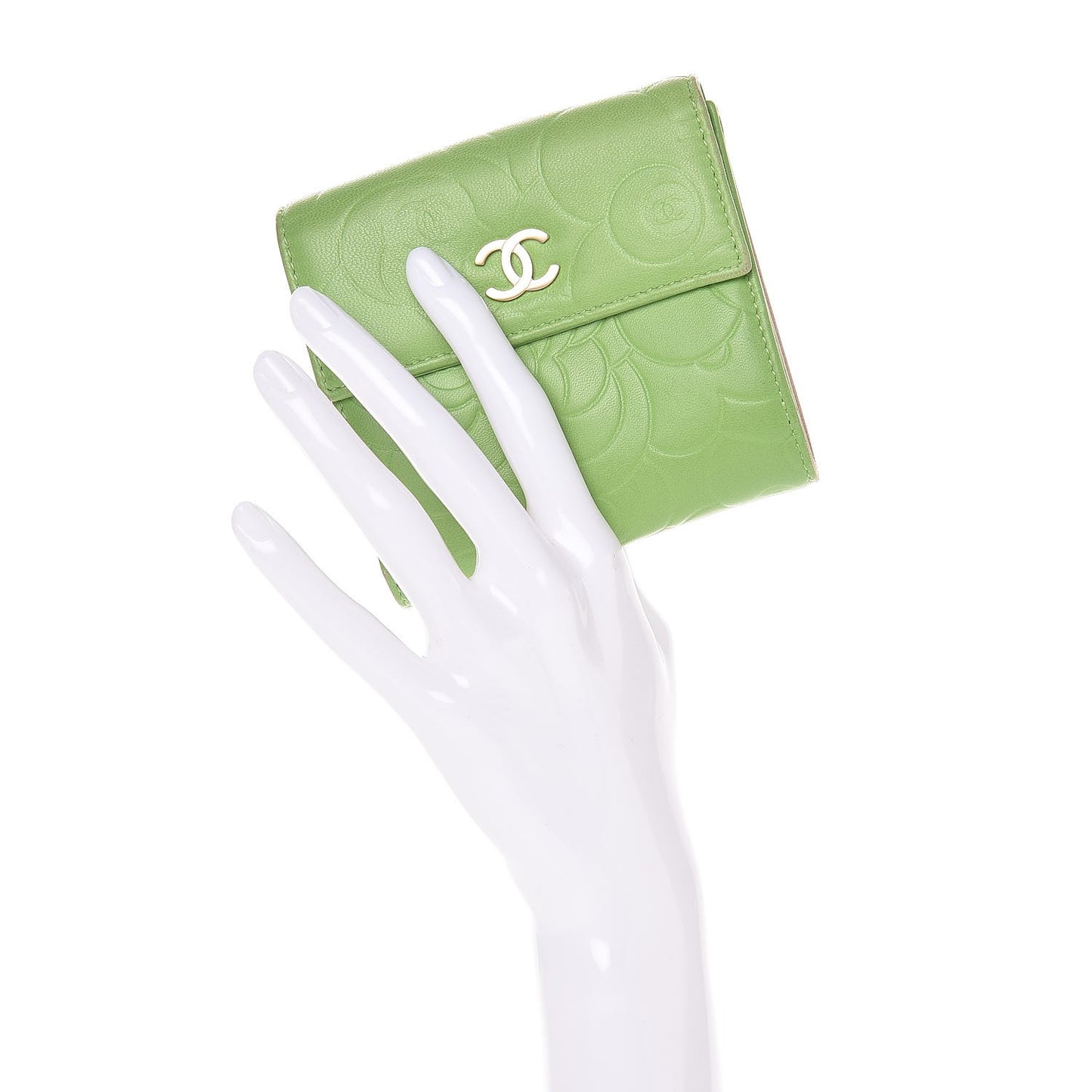 Lambskin Embossed Camellia French Wallet Light Green