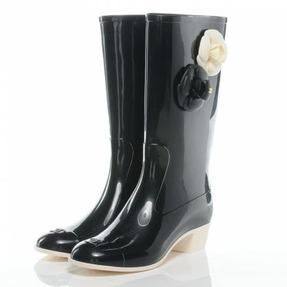 Chanel Rubber Camelia Rain Boots 41 Black White 3 of 6