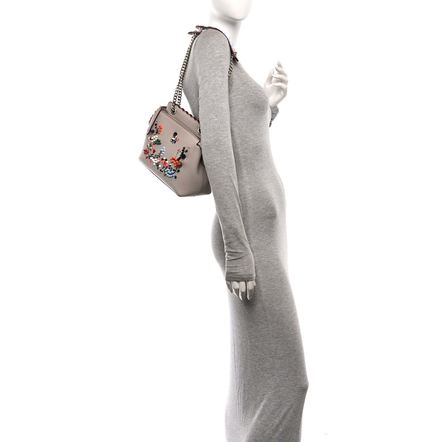 Vitello Baltico Nappa Flowerland Studded Small Dotcom Click Chain Satchel Grey Powder Multicolor