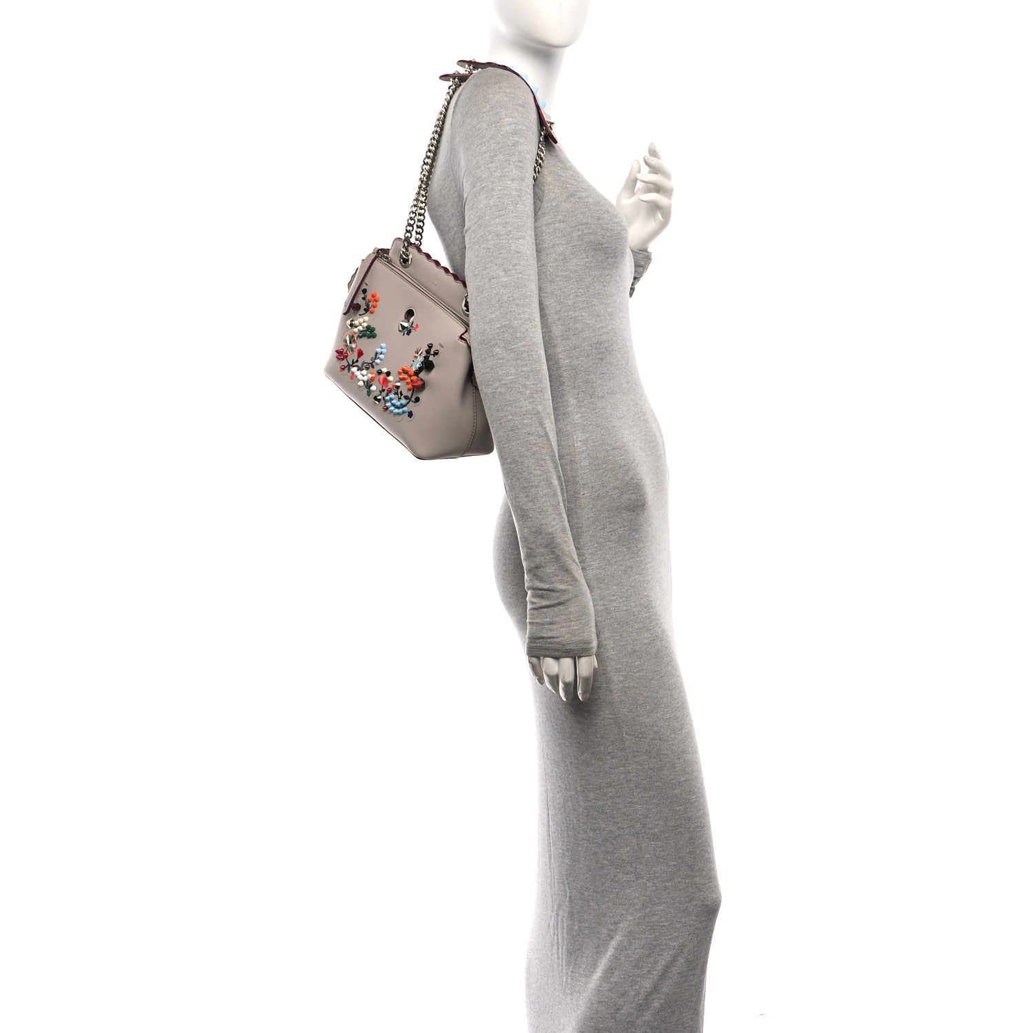 Fendi Vitello Baltico Nappa Flowerland Studded Small Dotcom Click Chain Satchel Grey Powder Multicolor 2 of 10