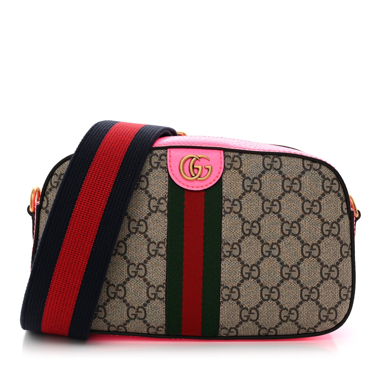 Gucci GG Supreme Monogram Textured Dollar Calfskin Web Ophidia Small Crossbody Bag Beige Ebony Fuchsia 1 of 10