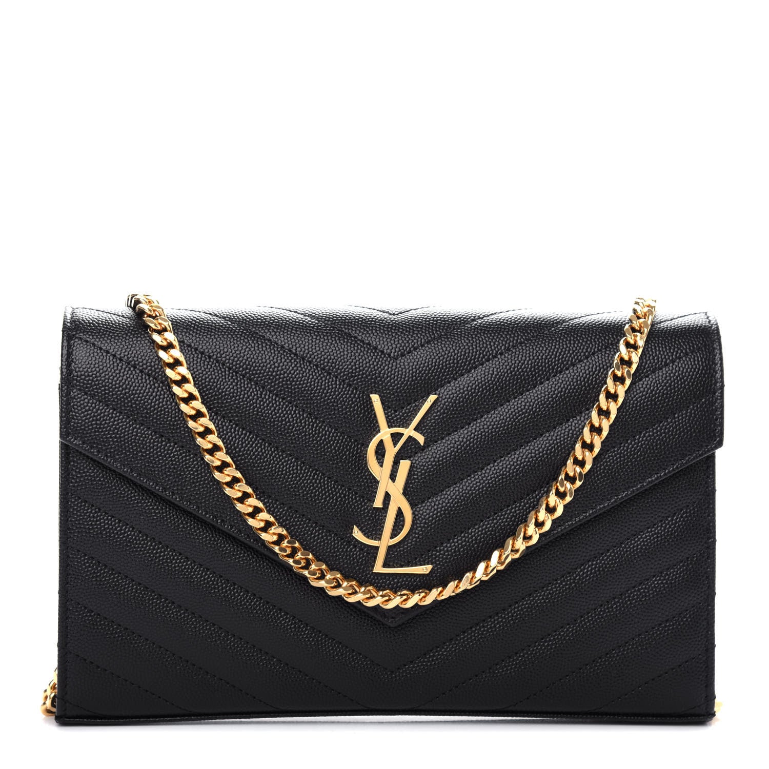 Saint Laurent Grain De Poudre Matelasse Chevron Monogram Chain Wallet Black 1 of 10