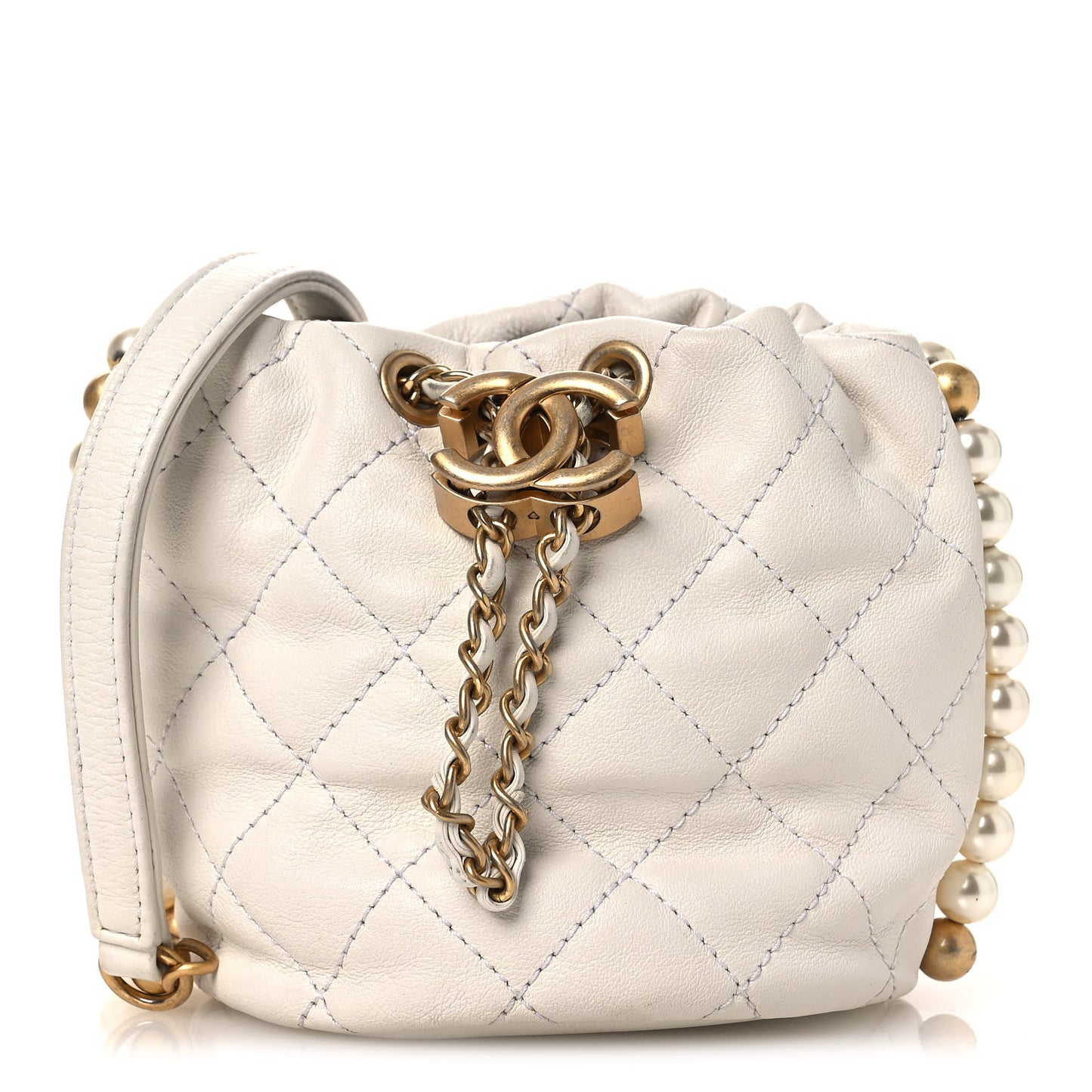 Calfskin Quilted Pearl Mini About Pearls Drawstring Bucket Bag  White
