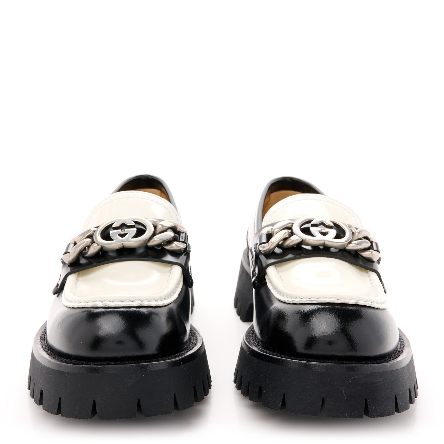 Cordovan Lux Womens Interlocking G Platform Lug Sole Loafers 37 Black Off White