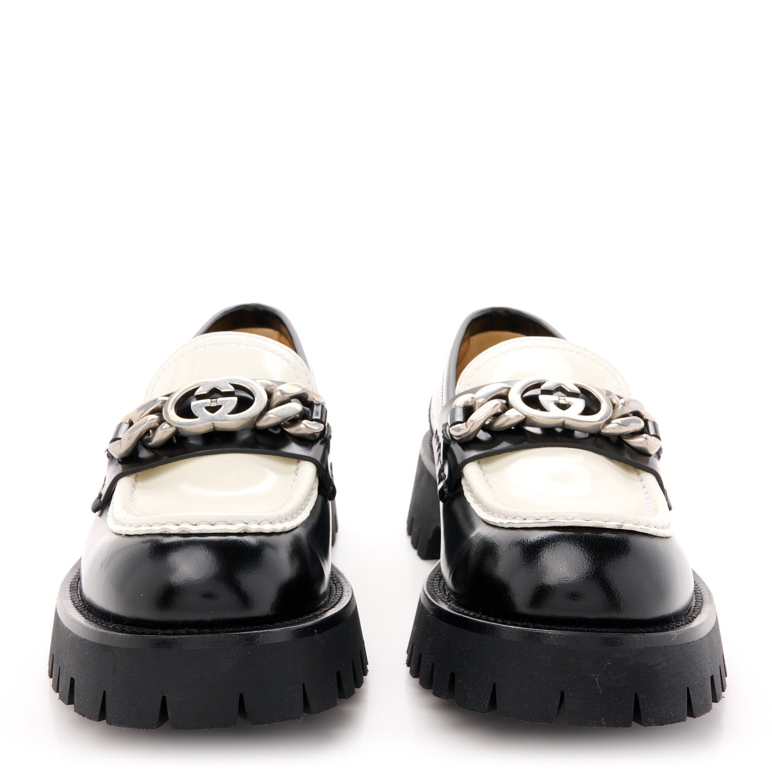 Gucci Cordovan Lux Womens Interlocking G Platform Lug Sole Loafers 37 Black Off White 2 of 10
