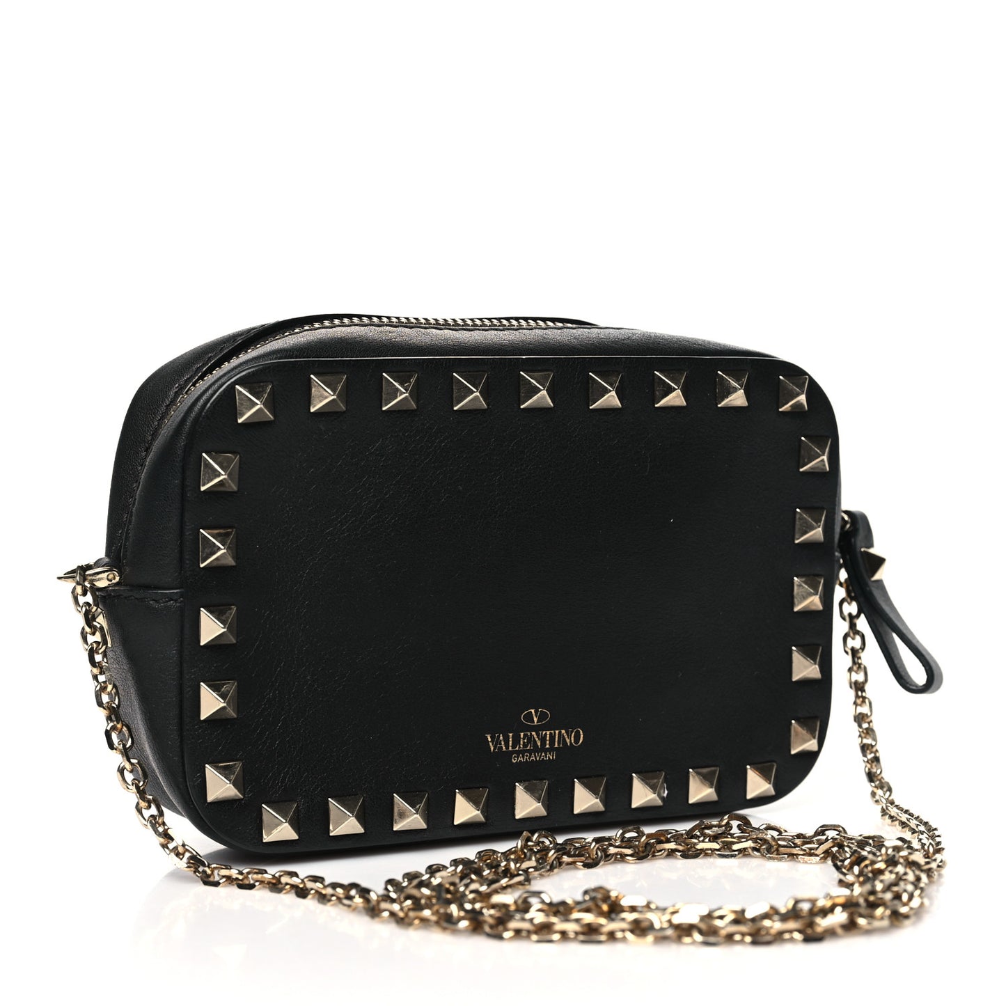 Calfskin Small Rockstud Chain Camera Crossbody Bag Black