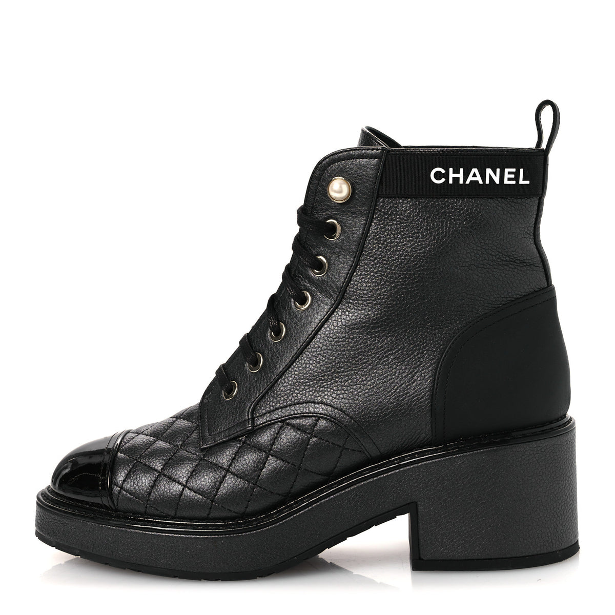 Chanel Pearly Calfskin Patent Calfskin Lace Up Combat Boots 38 Black 1 of 15