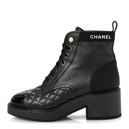 Chanel Pearly Calfskin Patent Calfskin Lace Up Combat Boots 38 Black 1 of 15