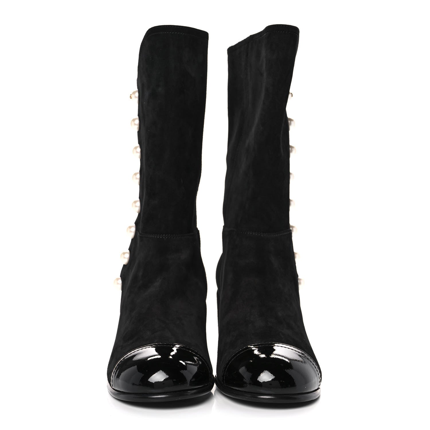 Chanel Suede Calfskin Patent Pearl Cap Toe Boots 41 Black 1 of 8
