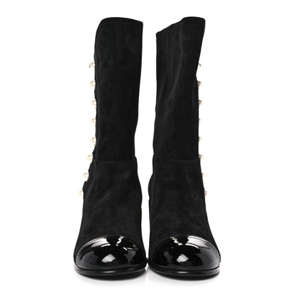 Chanel Suede Calfskin Patent Pearl Cap Toe Boots 41 Black 1 of 8