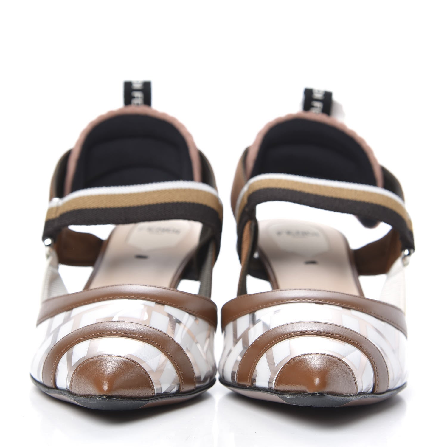 Fendi PVC Vitello FF Colibri 55mm Slingback Pumps 37 Transparent White Cuoio Avana 2 of 8