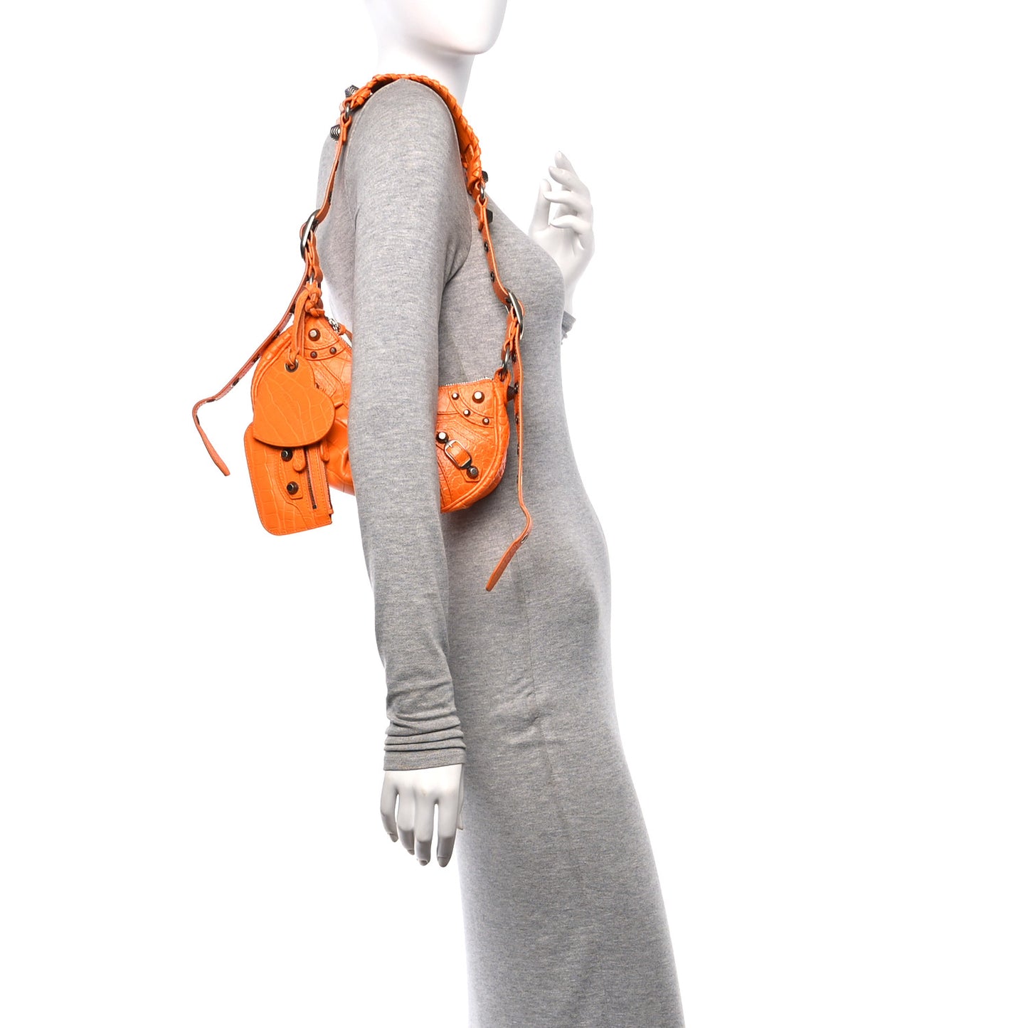 Extra Supple Calfskin Crocodile Embossed Le Cagole Shoulder Bag XS Pop Orange