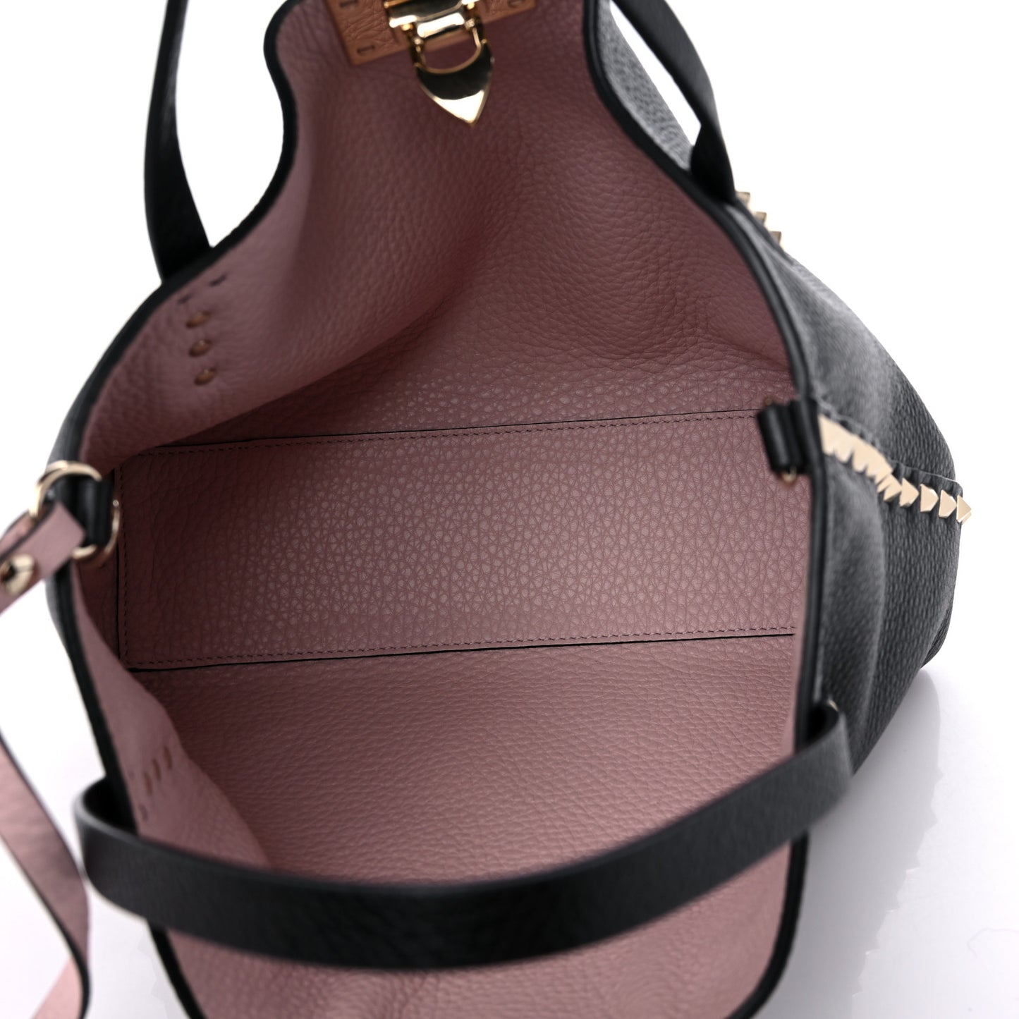 Grained Calfskin Small Rockstud Flip Lock Tote Black Rose Quartz