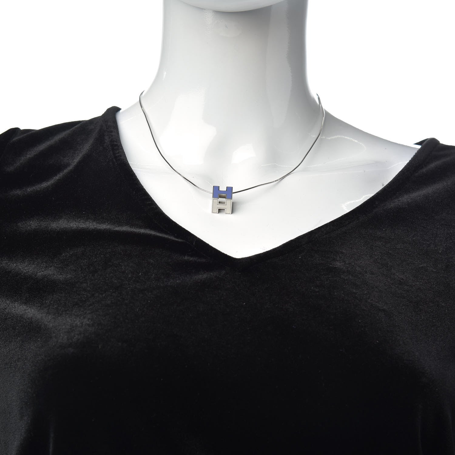 Hermes Palladium Lacquered Cage d'H Pendant Necklace Pervenche 2 of 5