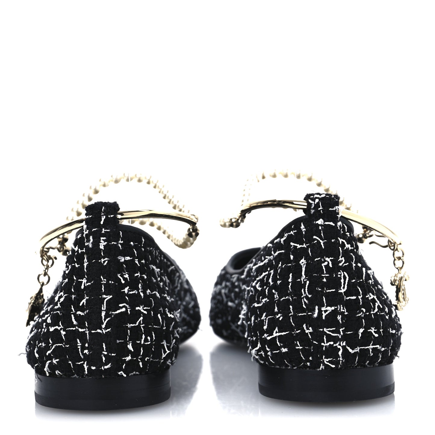 Tweed Lambskin Cap Toe Ankle Chain Ballerina Flats 39.5 Black White