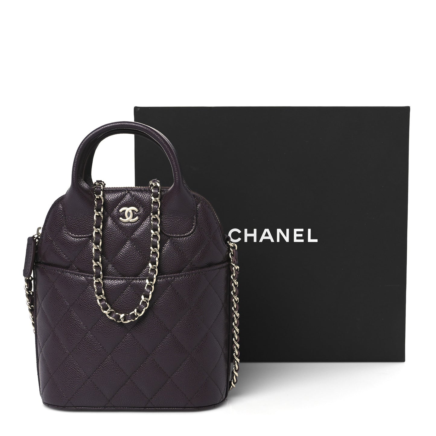 Caviar Quilted Top Handle Clutch With Chain Dark Brown
