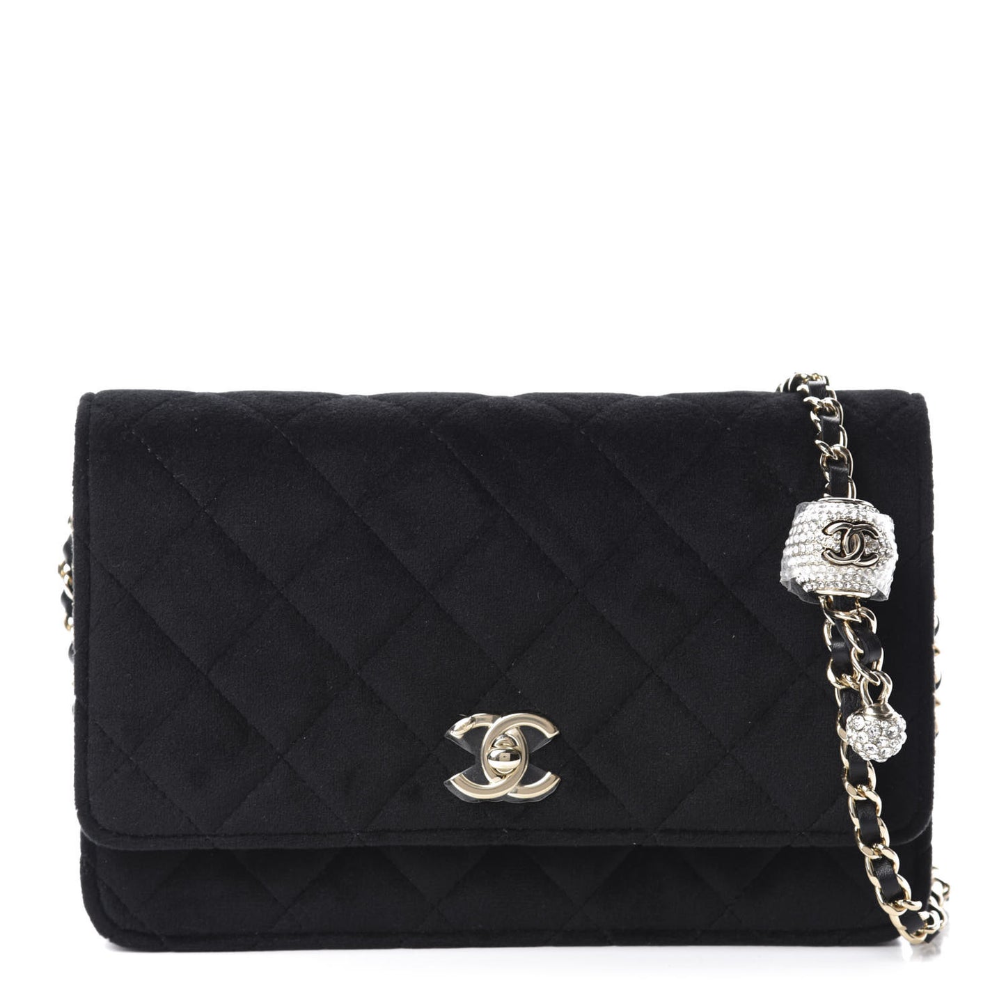 Velvet Quilted Pearl Crush Wallet On Chain WOC Black