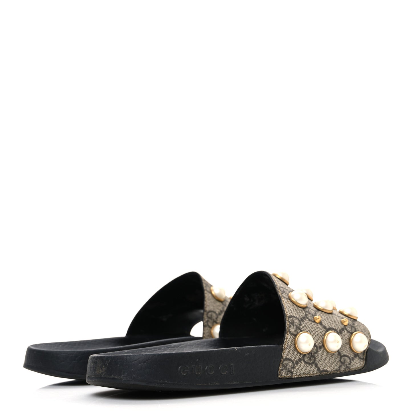 GG Supreme Monogram Pearls Slide Sandals 38 Beige