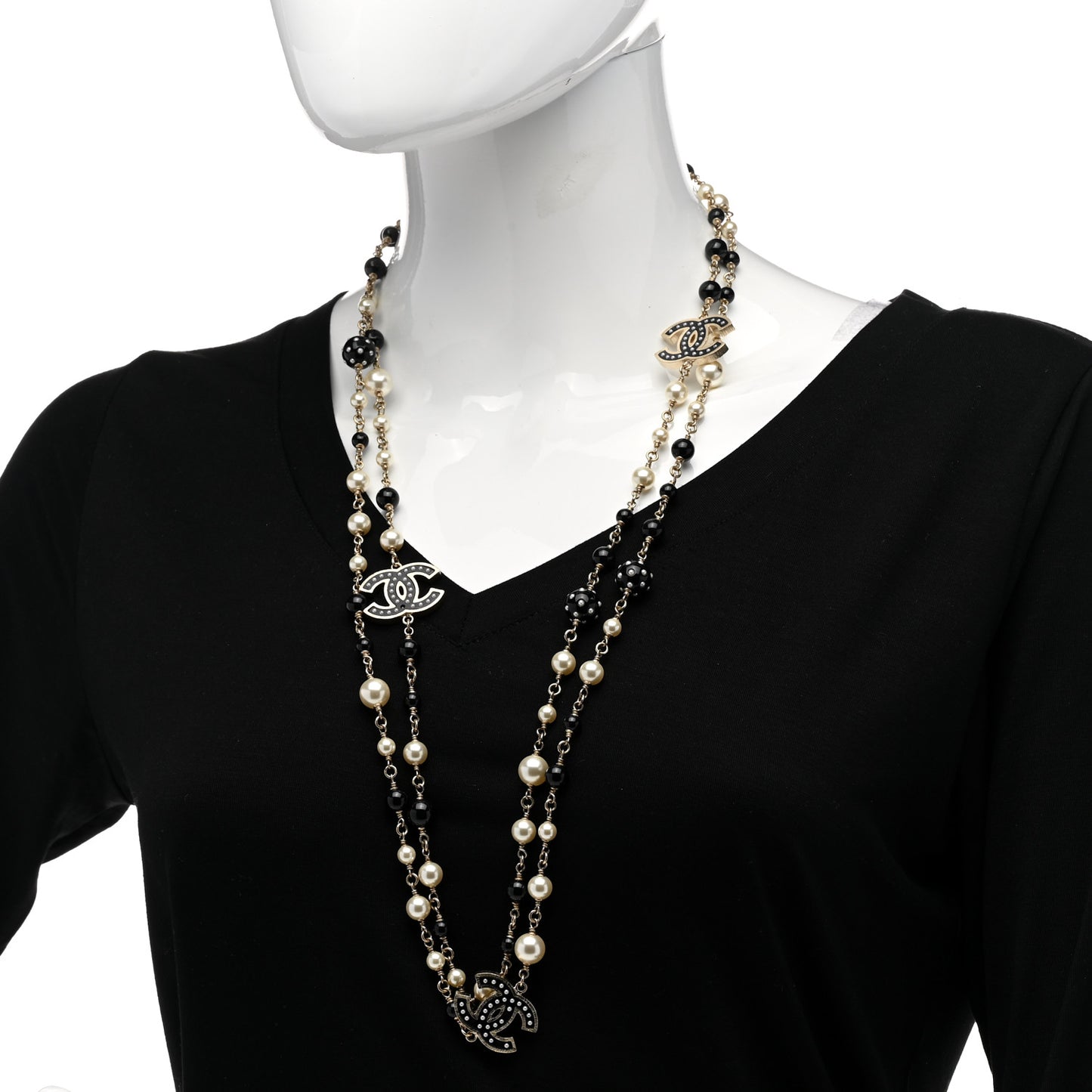 Pearl Beaded Crystal CC Long Necklace Black Silver