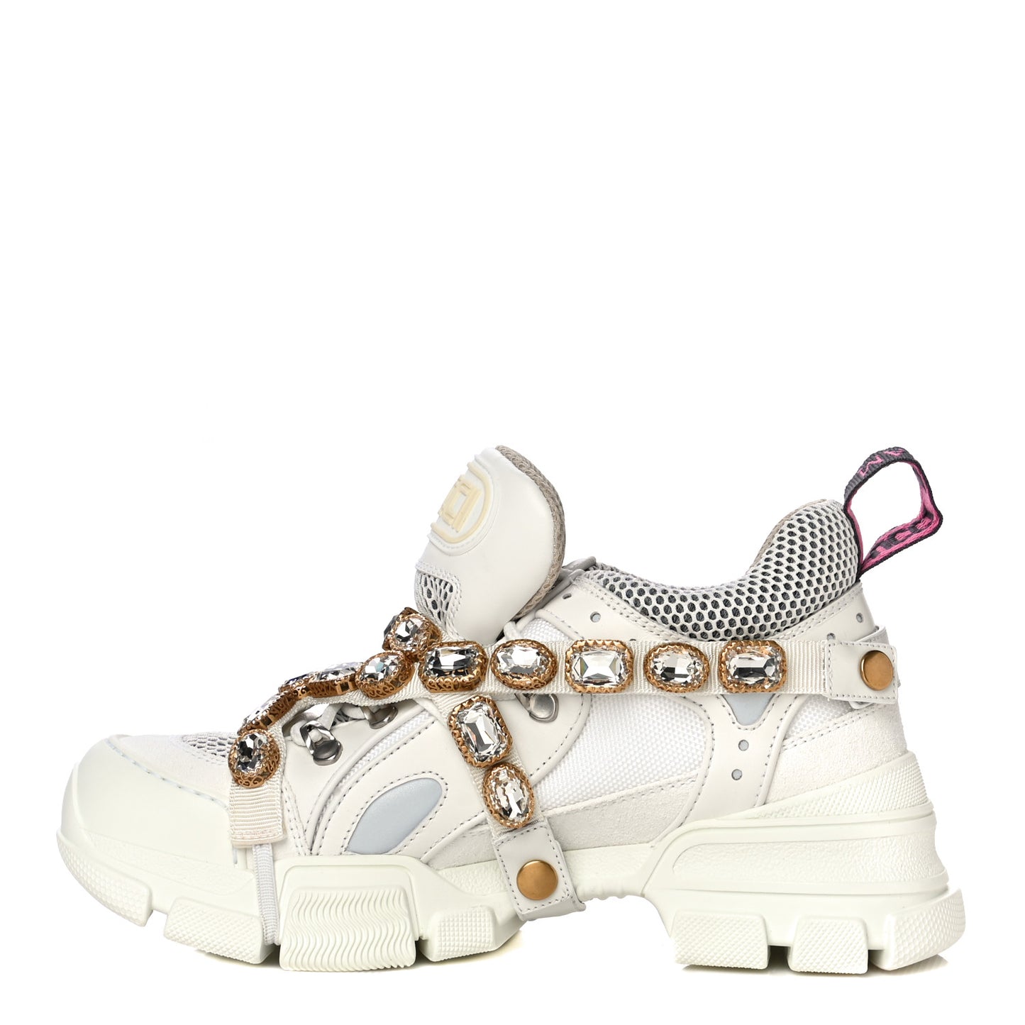 X SEGA Mesh Calfskin Suede Removable Crystals Womens Flashtrek Sneakers 38.5 Great White