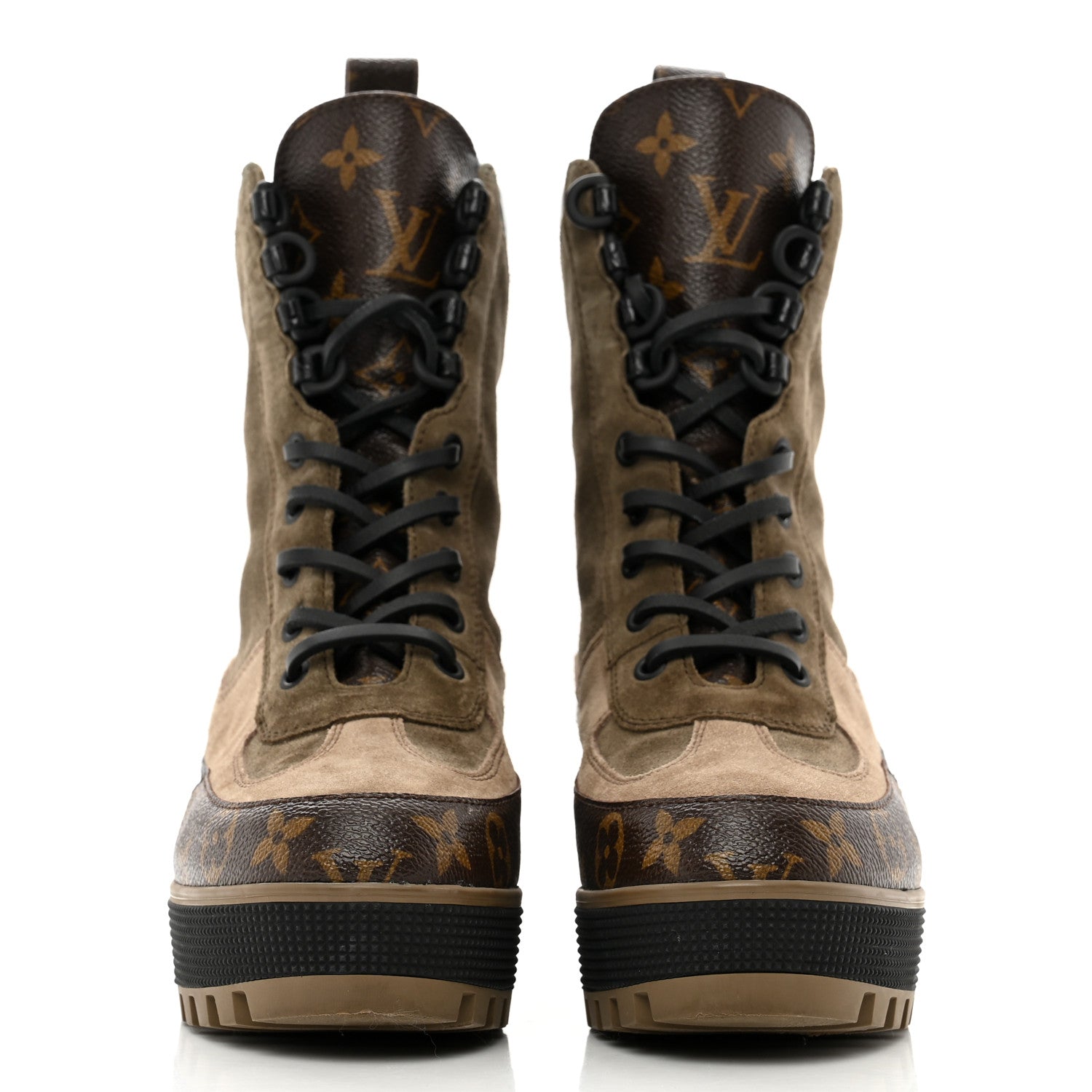 Louis Vuitton Suede Calfskin Crocodile Embossed Patent Monogram Laureate Platform Desert Boots 38 Taupe 2 of 8