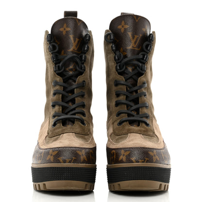 Louis Vuitton Suede Calfskin Crocodile Embossed Patent Monogram Laureate Platform Desert Boots 38 Taupe 2 of 8
