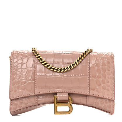 Balenciaga Shiny Calfskin Crocodile Embossed Hourglass Chain Bag Nude Beige 1 of 14