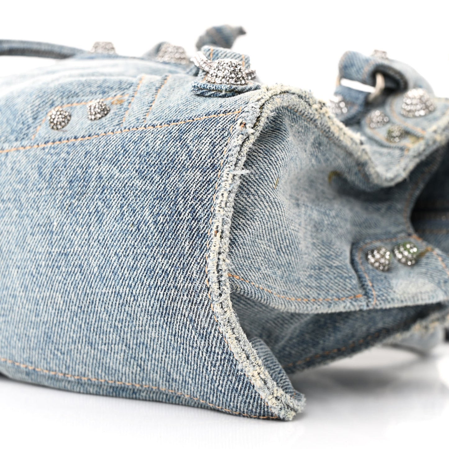 Washed Frayed Denim Crystal Neo Cagole Handbag XS Blue
