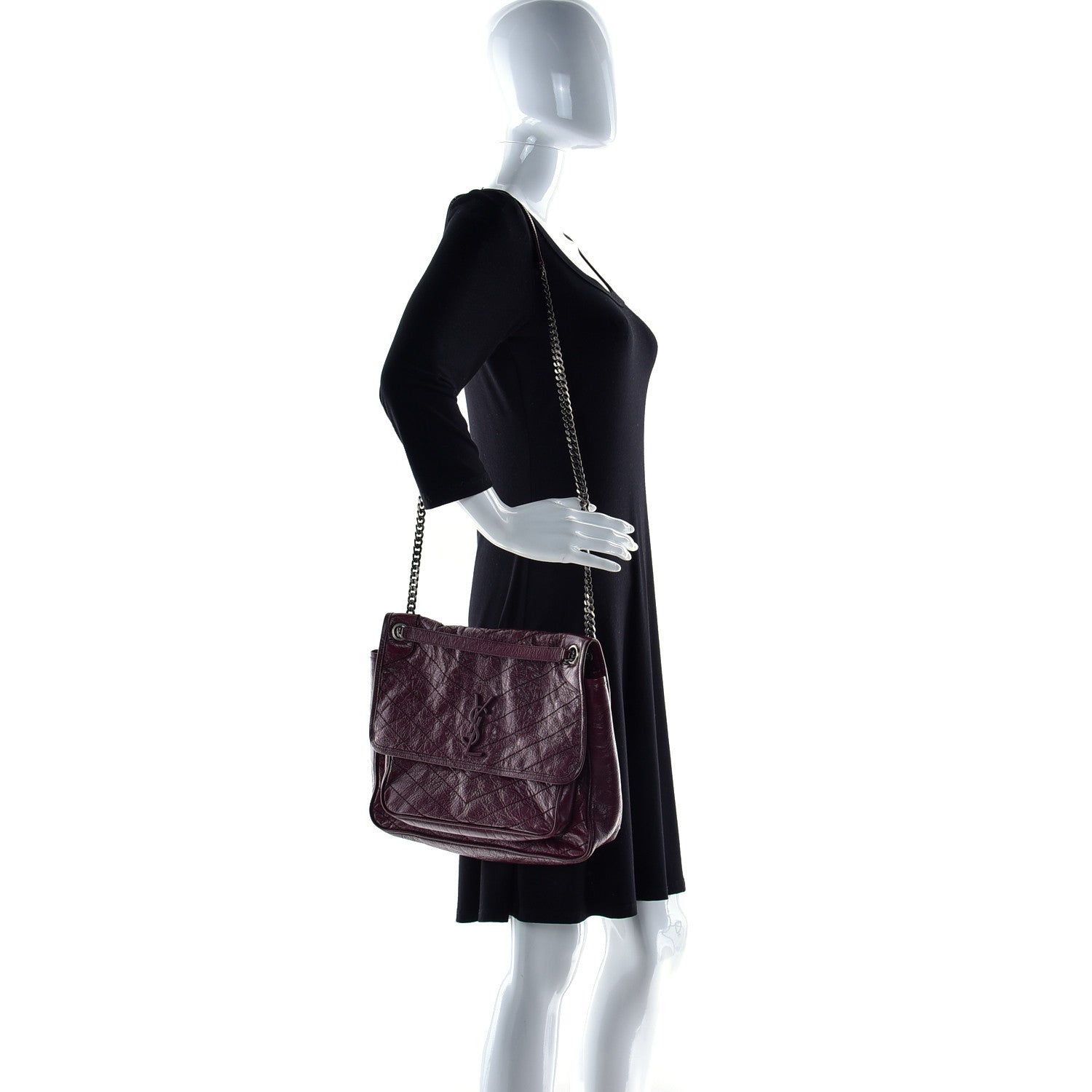 Saint Laurent Crinkled Calfskin Matelasse Monogram Medium Niki Chain Satchel Burgundy 2 of 11