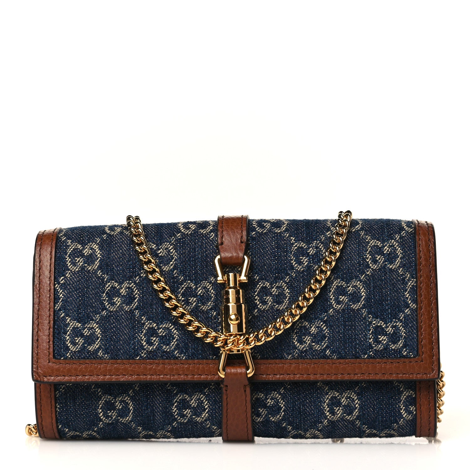 Gucci New Denim GG Monogram Jackie 1961 Chain Wallet Blue Tea Cuir 1 of 9