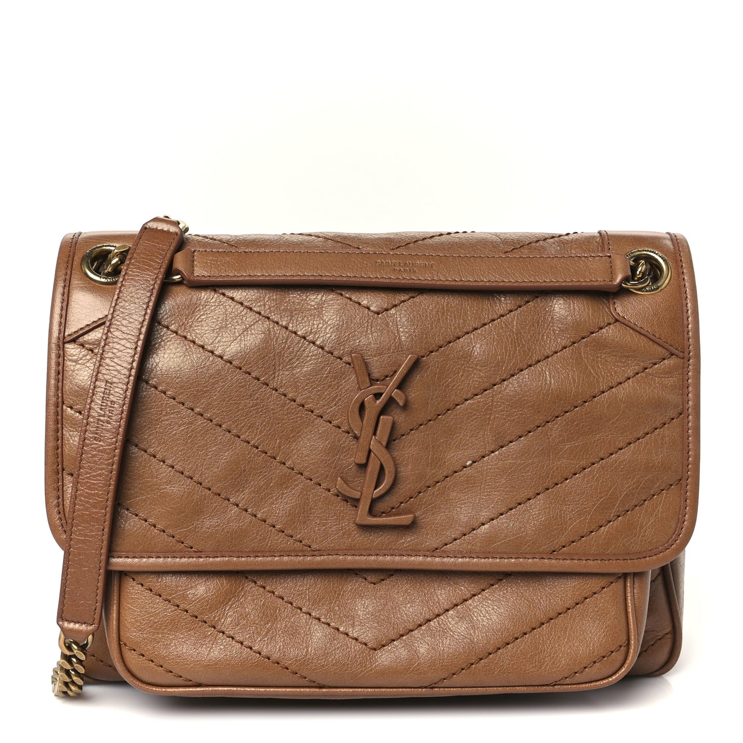 Crinkled Calfskin Matelasse Monogram Medium Niki Chain Satchel Caramel