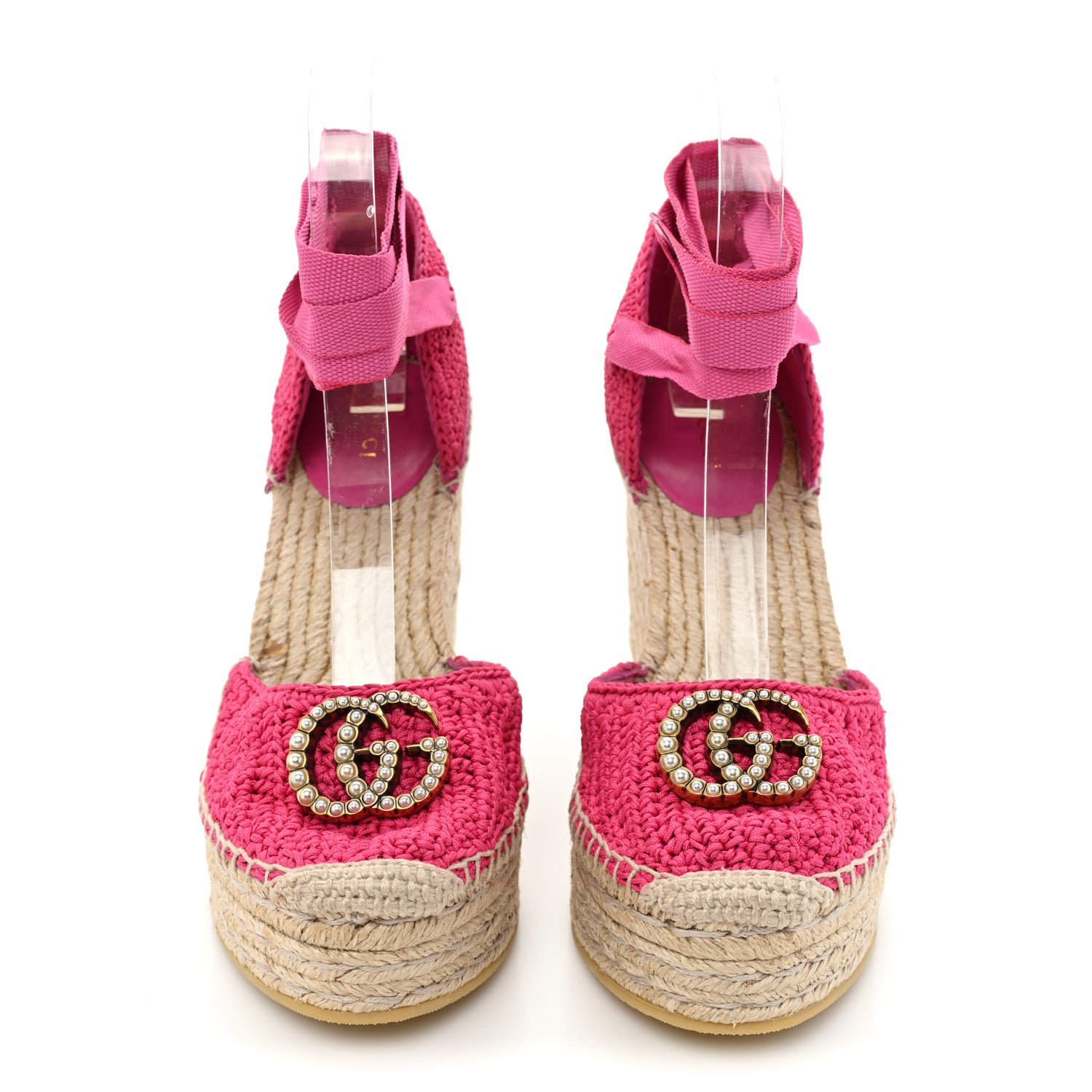 Gucci Cotton Crochet Pearly GG Ankle Wrap Platform Espadrille Wedges 36 Cyclamen Rose 2 of 12