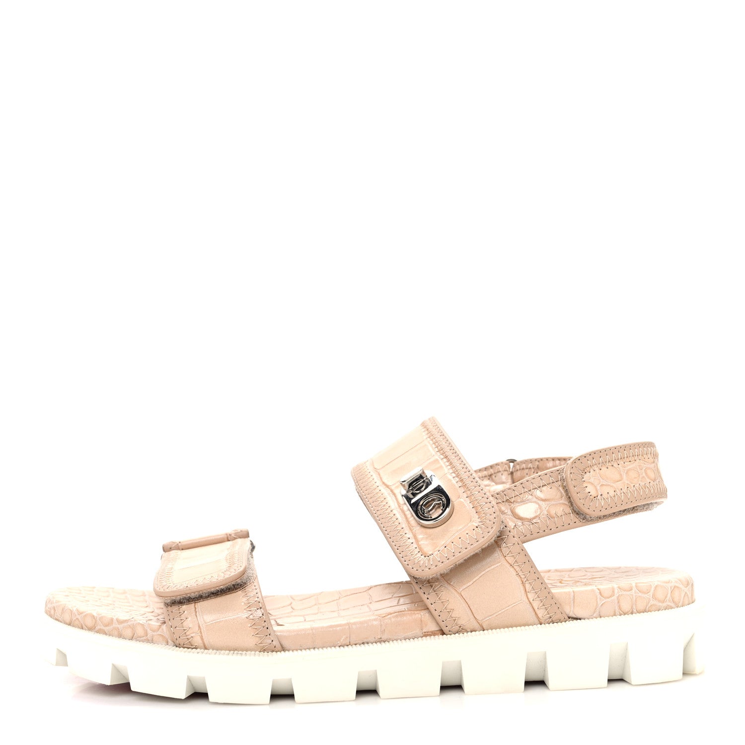 Christian Louboutin Calfskin Alligator Embossed Nappa Lock Cool Flat Sandals 38.5 Nougat 1 of 9